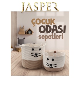 Jasper Bej İkili Jüt İp Kedi Tasarımlı Çok Amaçlı Oyuncak Kirli Sepeti Organizer