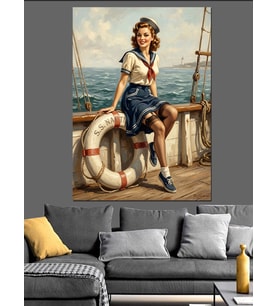 Gemide Can Simidiyle Oturan Pin-Up Dekoratif Kanvas - Mdf Ahşap Tablo