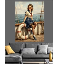 Gemide Can Simidiyle Oturan Pin-Up Dekoratif Kanvas - Mdf Ahşap Tablo