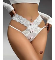 Passione Beyaz Yüksek Bel Dantel ve Pembe Kurdele Detaylı Yanları Cut-Out Tanga