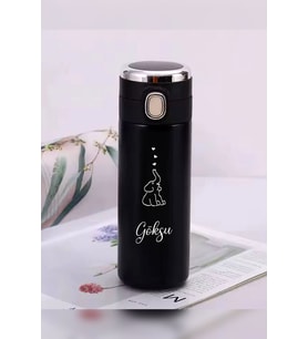 Kişiye Özel 450 ML Dijital Isı Göstergeli Kilitli Kapaklı Paslanmaz Çelik Fil Baskılı Termos (Siyah)