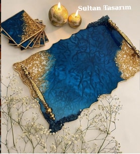 Altın - Gümüş Varaklı Büyük Boy Söz Nişan Damat Epoksi Sunum Tepsi Bardak Altlığı Seti (Mavi)