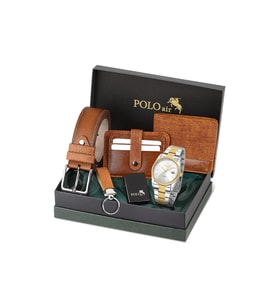 Polo Air Mercek Takvimli Erkek Kol Saati Cüzdan Kemer Kartlık Anahtarlık Çakmaklı Set Gold Gümüş Taba Renk PL-7088E5