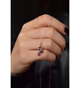 925 Ayar Gümüş Rose Kaplama Şubat Ayı Doğum Taşlı Kübik Drop Kolye
