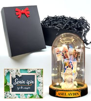 Sizlere Özel Led Işıklı Fanus Hediyesi - Siyah Hediye Kutusunda - 3 Fotoğraflı ve İsimli (Model 2)