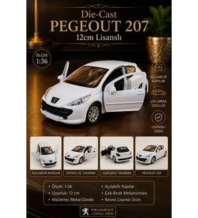 Peugeot 207 Beyaz Die-Cast Metal Model Araba 1:36 Ölçek 12 cm Çek Bırak Lisanslı