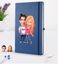 BK Gift Kişiye Özel Sevgililer Karikatürlü Karikatürlü Lacivert Termo Deri Defter 16x24cm Model 5