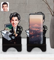 BK Gift Kişiye Özel Erkek Bankacı Karikatürlü Ahşap Biblo Telefon Standı-3