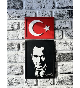 Ahşap Atatürk ve Türk Bayrağı Tablo