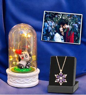 Kişiye Özel Fotoğraflı Hediye Seti  Led Işıklı Fanus ve Gerçek Ametist Taşlı Lotus Kolye (Model 5)
