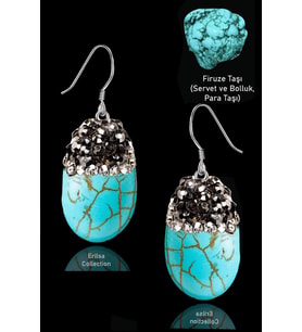 Sertifikalı Zirkon Taşlı Oval Model Firuze Taşı Küpe (Turkuaz Taşı) (Çok Renkli)