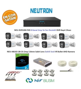 Neutron 2mp 8 kameralı Sesli Dış ortam AHD Full Kamera Seti 2TB Disk NEU-XVR108-FHD NEU-AB102-28-CA