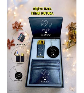 Kişiye Özel İsimli Sevgiliye Hediye Lüks Gazlı Çakmak & Kartlık &Anahtarlık 3Lü Hediye Set Özel Kutu