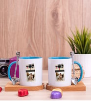 Kişye Özel Polaroid Tasarım Fotoğraflı İkili Ahşap Altlıklı Mavi Kupa