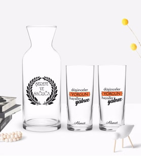 BK Gift Kişiye Özel Renkli Baskılı Düşünceler Yorgun Tasarımlı İkili Rakı Bardağı ve Karaf Hediye Seti-1 (Model 1)