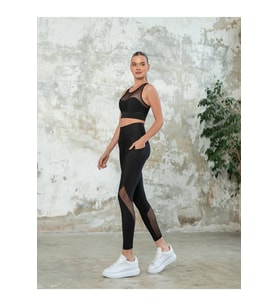 Dravel Siyah Tül Detaylı Yandan Cepli Spor Tayt