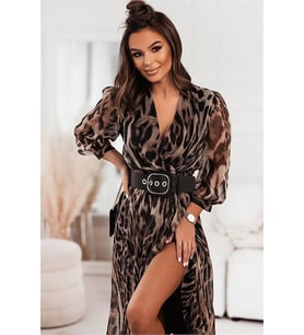 Neşeli butik kadın kemerli leopar desenli uzun elbise NBEMP2152 (Kahverengi)