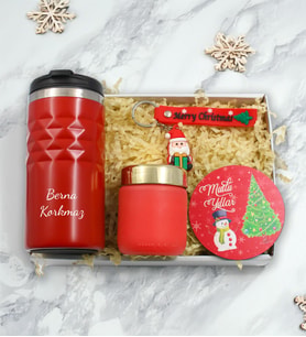 Kişiye Özel Kırmızı Geometrik Termos & Bardak Mum & Anahtarlık & Bardak Altlığı Yılbaşı Noel Hediye Seti