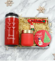 Kişiye Özel Kırmızı Geometrik Termos & Bardak Mum & Anahtarlık & Bardak Altlığı Yılbaşı Noel Hediye Seti