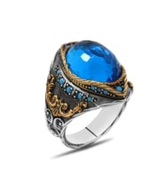 Oval Aqua Zirkon Taşlı Kompakt Tasarım 925 Ayar Gümüş Erkek Yüzük