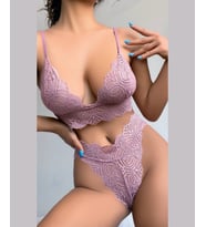 Kadın Pudra Dantelli Derin Dekolte Bralet Tanga Takım-1027