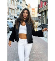 Kadın Siyah Dik Yaka Kolları Triko Cepleri Fermuarlı Şişme Mont