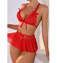 Fantazi Kırmızı Dantelli Fiyonklu  Babydol