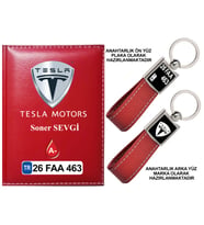 Plakanıza Özel Tesla Logolu Kırmızı Ruhsat Kabı ve Anahtarlık