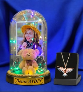 Kişiye Özel Renkli Led Işıklı Fanus ve Renkli Zümrüdü Anka Kuşu Kolyesi (Model 10)