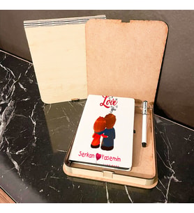 Sevgililer Günü Hediyesi Ahşap Kutulu Defter Kalem Set 012