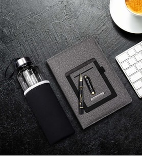Kişiye Özel Telefon Cepli Gri Defter & Özel Kılıflı 500Ml Su Matarası & Atatürk İmza Kabartmalı Kalem Hediye Seti