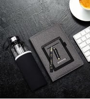 Kişiye Özel Telefon Cepli Gri Defter & Özel Kılıflı 500Ml Su Matarası & Atatürk İmza Kabartmalı Kalem Hediye Seti