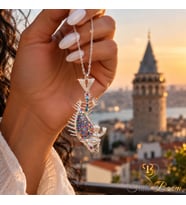 Renkli Taşlı Pirana İskeleti Gümüş Kolye