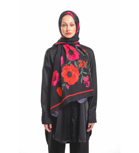 Çiçekli Desen Pavia Seri Şal Eşarp Askısı İle Birlikte 90x200 Siyah Fuşya-90X200