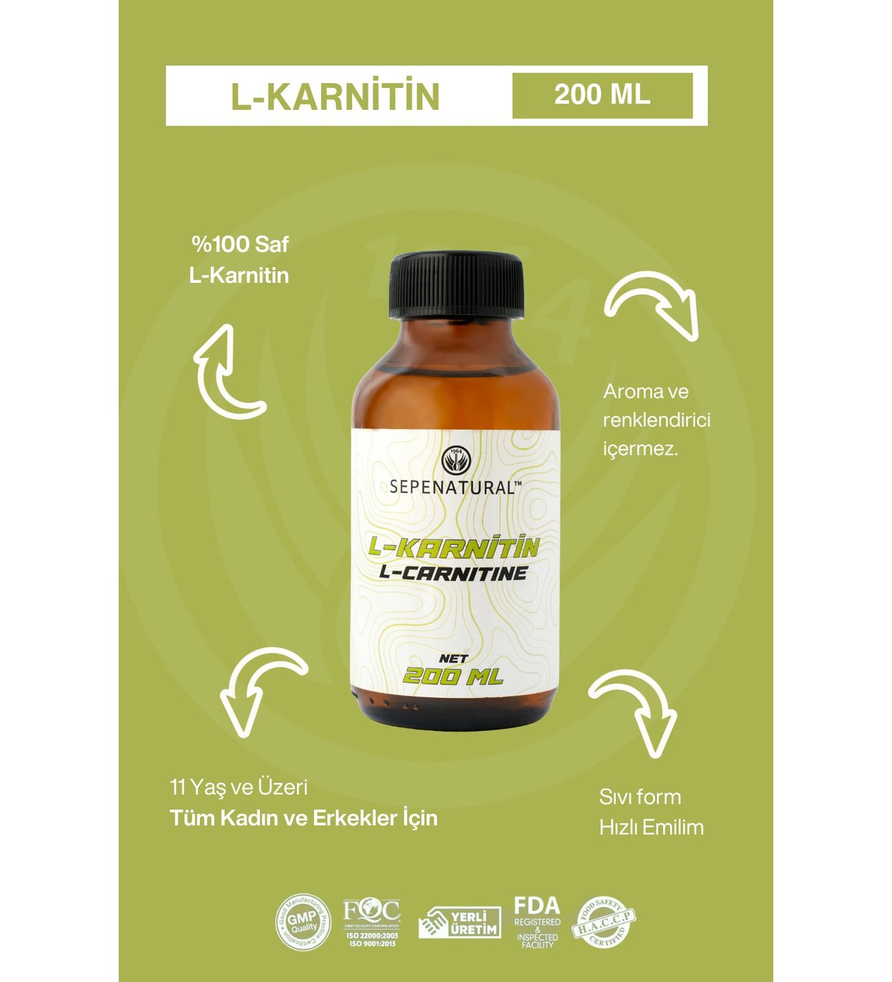 SEPE NATURAL L-KARNITIN SIVI AROMASIZ 200 ML 20 SERVS L-CARNITINE