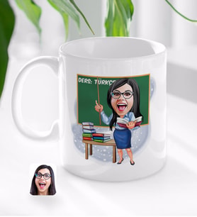 BK Gift Kişiye Özel Kadın Türkçe Öğretmeni Karikatürlü Beyaz Kupa Bardak-1