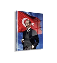 Temperli Gerçek Cam Ofis Tablosu Türk Bayrağı ve Kemal Atatürk