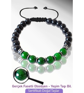  Sertifikalı Gerçek Doğal Obsidyen - Fasetli Yeşim Taşı Bileklik - Ayarlamalı (Çok Renkli)