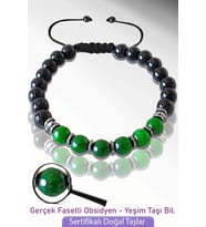  Sertifikalı Gerçek Doğal Obsidyen - Fasetli Yeşim Taşı Bileklik - Ayarlamalı (Çok Renkli)