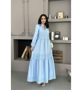 Neşeli butik kadın bebe mavi atlas kumaş dantel detaylı elbise NBMS2517 (Bebe Mavisi)