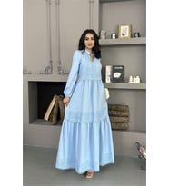 Neşeli butik kadın bebe mavi atlas kumaş dantel detaylı elbise NBMS2517 (Bebe Mavisi)