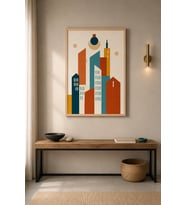 Geometrik Silüet Mid-Century Skyline Ahşap Çerçeveli Duvar Tablosu