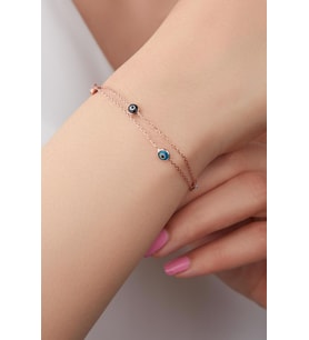 GÜMÜŞ ROSE RENKLİ GÖZ NAZAR BONCUKLU ÇİFT ZİNCİRLİ BİLEKLİK (Karışık)