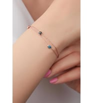 GÜMÜŞ ROSE RENKLİ GÖZ NAZAR BONCUKLU ÇİFT ZİNCİRLİ BİLEKLİK (Karışık)