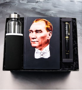 Kişiye Özel Mustafa Kemal Atatürk Resimli Defter & Özel Kılıflı 500Ml Cam Matara &  Atatürk İmzalı Kalem Hediye Seti