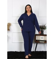 Kadın Büyük Beden Pamuklu Cepli Düğmeli Lacivert Pijama Takım