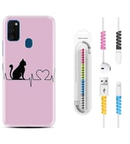 Samsung M21 M22 M23 M30 M31S M32 Kılıf Kablo Koruma Spiral Silikon Pink Cat Heart 1303