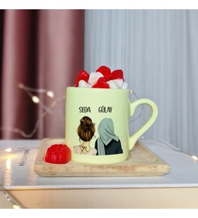 Kız Arkadaş ( Tesettürlü - Açık ) Tasarımlı Kişiye Özel Sarı Türk Kahvesi Fincanı