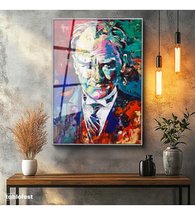 Gümüş Renk Metal Çerçeveli Tamperli Cam Tablo Atatürk Modern Sanat Soyut Portre Atatürk Tablosu Duvar Dekoru