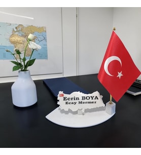 Doğal Beyaz Mermer İsimlik Şanlı Türk Bayraklı